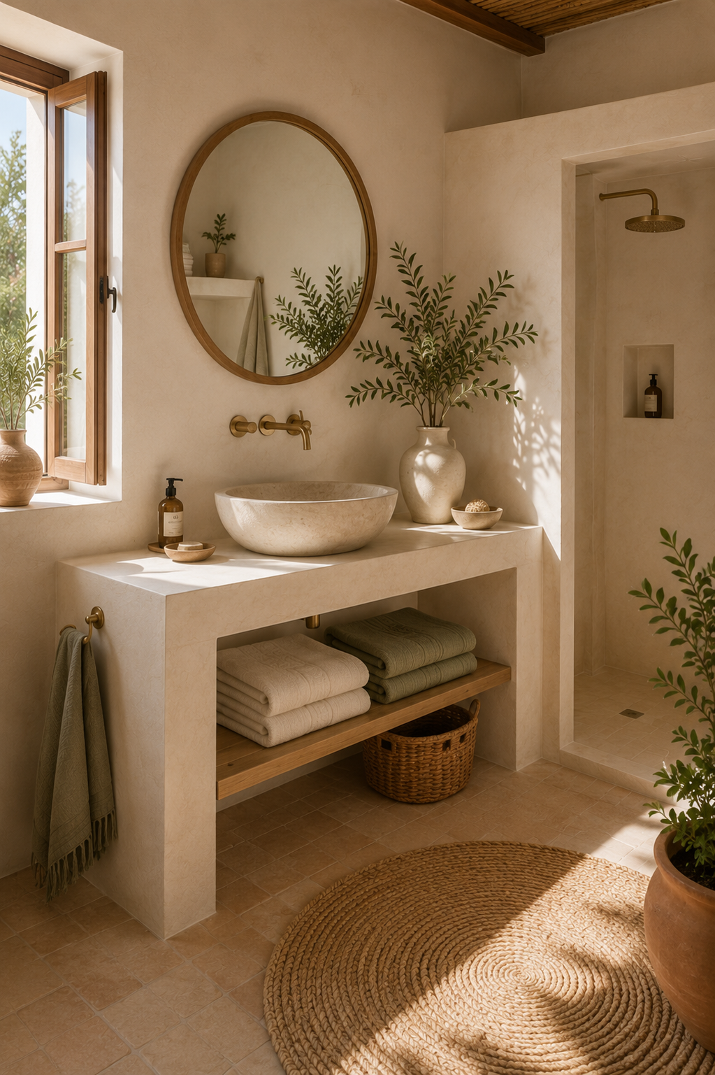 Baño rústico mediterráneo con toallas blancas dobladas, lavabo de cerámica y espejo redondo - Llar Textil

