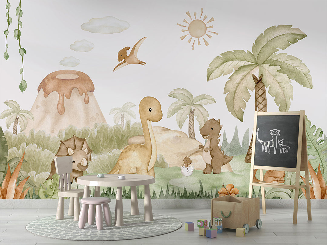 Papier Peint Panoramique Dinosaures Bébé et Volcan