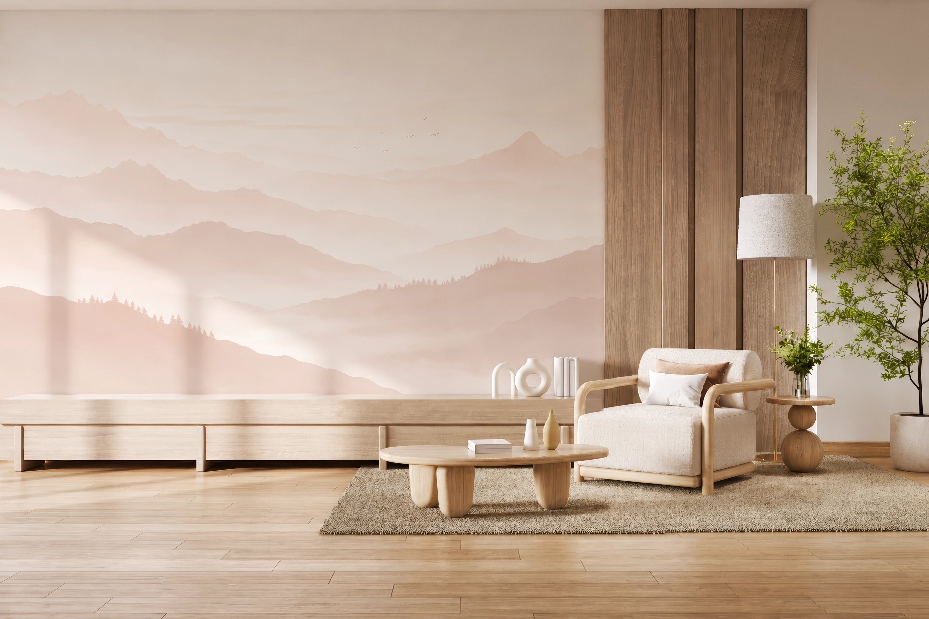 Papier peint panoramique montagne terracotta dans un salon - Kam & Léon